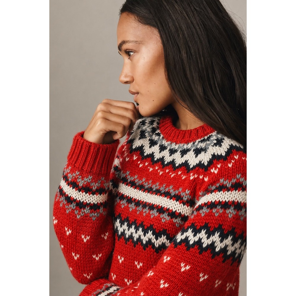 Vintage 80s 90s L.L.Bean Fair Isle 100% Wool Nordic Sweater Red Size M - Picture 2 of 7